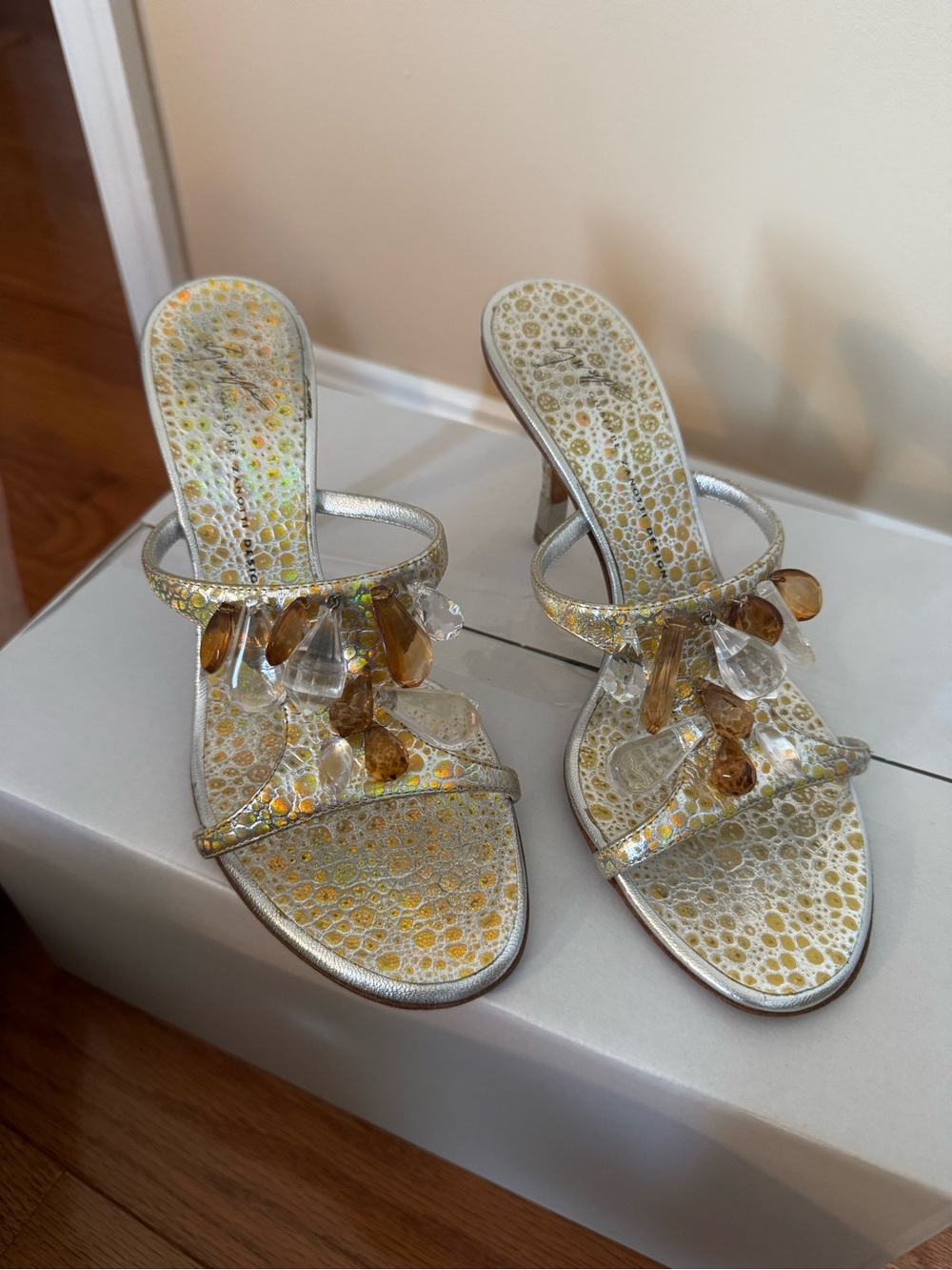Giuseppe Zanotti - Silver Slide Heels with Amber and Clear Gem Accents